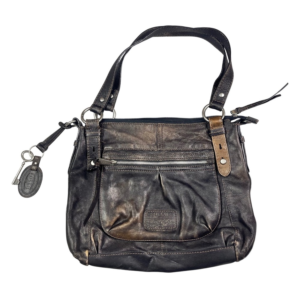 Fossil Long Live Vintage Dark Brown Distressed Leather Shoulder Bag Key Charm